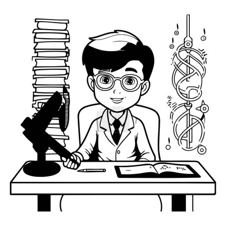 Téléchargez les illustrations : Ecole d'éducation garçon avec livres et microscope dessin animé en noir et blanc vectoriel illustration graphisme - en licence libre de droit