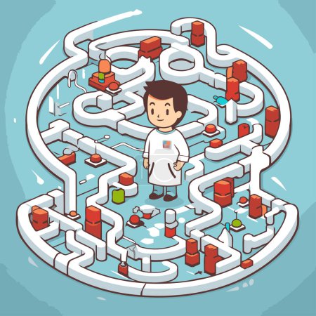 Téléchargez les illustrations : Illustration vectorielle de dessin animé d'un garçon en blouse de laboratoire debout dans un labyrinthe. - en licence libre de droit