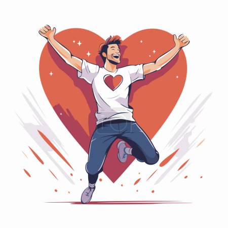 Ilustración de Ilustración vectorial de un joven enamorado saltando frente a un corazón rojo - Imagen libre de derechos