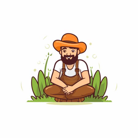 Téléchargez les illustrations : Fermier avec barbe et moustache dans le chapeau assis sur l'herbe. Illustration vectorielle - en licence libre de droit