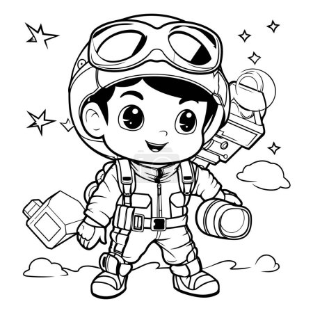 Téléchargez les illustrations : Illustration de dessin animé noir et blanc du personnage d'astronaute garçon enfant pour le livre à colorier - en licence libre de droit