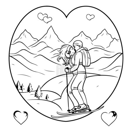 Téléchargez les illustrations : Couple skieur dans les montagnes. Illustration vectorielle d'art linéaire. - en licence libre de droit
