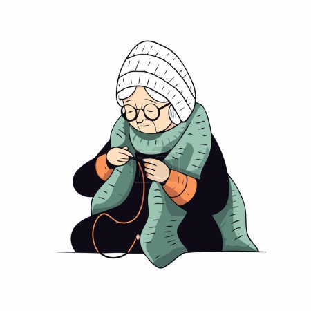 Ilustración de Mujer vieja tejiendo ilustración vectorial. Aislado sobre un fondo blanco. - Imagen libre de derechos