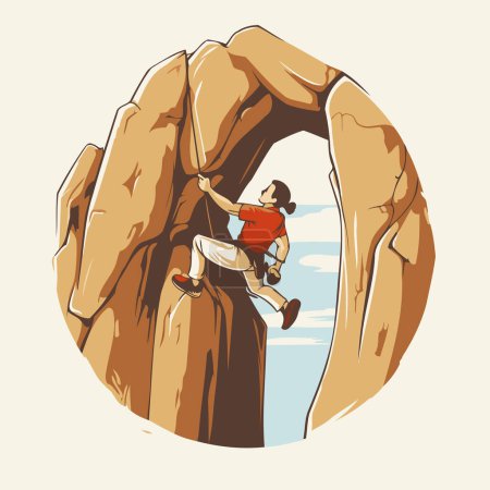 Téléchargez les illustrations : Illustration vectorielle d'un grimpeur grimpant sur un rocher en cercle - en licence libre de droit