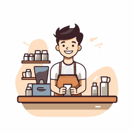 Téléchargez les illustrations : Belle barista dans le tablier debout au comptoir et faire du café. Illustration vectorielle - en licence libre de droit