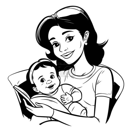 Illustration for Mother with her baby - Black and White Cartoon Illustration. Vector - Royalty Free Image