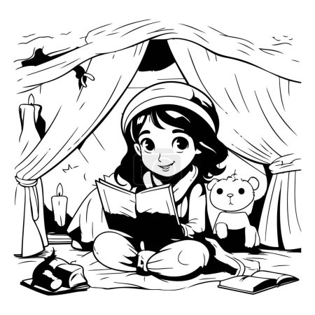 Ilustración de Ilustración en blanco y negro de una niña leyendo un libro en una tienda de campaña. - Imagen libre de derechos