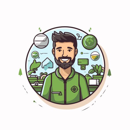 Illustration for Ecology concept. Man in green uniform with eco friendly icons. Vector illustration - Royalty Free Image