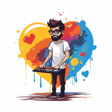 Illustration for Young hipster man playing video games. Vector illustration in cartoon style. - Royalty Free Image