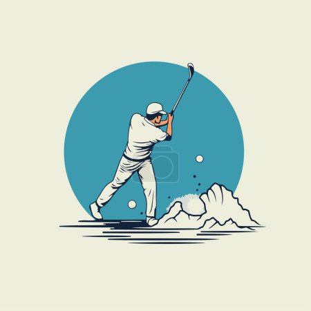 Golfista golpea la pelota con un palo. Ilustración vectorial.