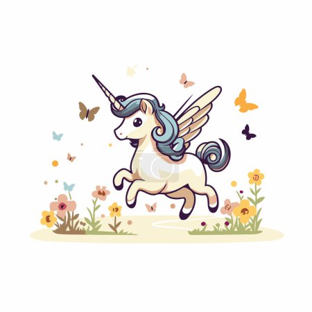 Ilustración de Unicornio con alas y flores. Lindo vector de dibujos animados ilustración. - Imagen libre de derechos