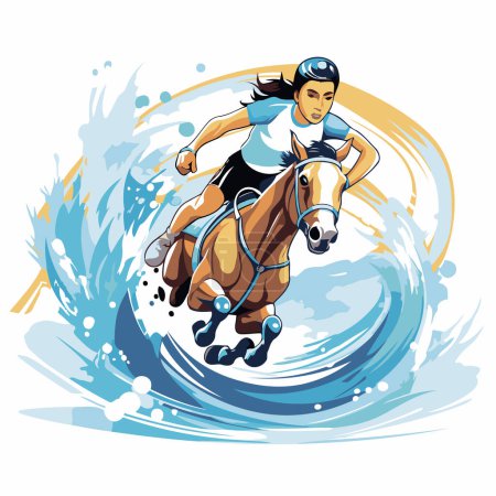 Téléchargez les illustrations : Illustration d'un jockey sautant à cheval par-dessus une vague d'eau - en licence libre de droit