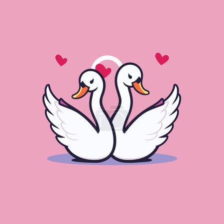 Téléchargez les illustrations : Deux cygnes amoureux sur fond rose. Illustration vectorielle - en licence libre de droit