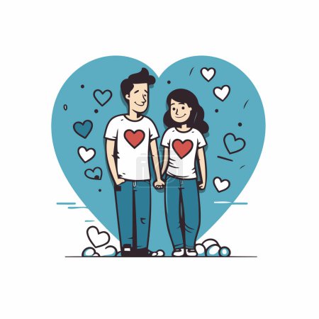 Illustration for Couple in love with hearts. Vector illustration in line style. - Royalty Free Image