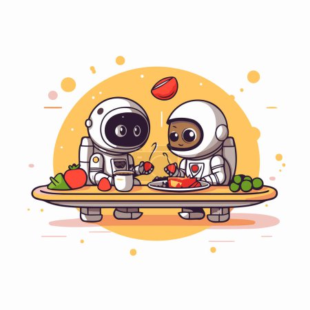 Ilustración de Astronauta y cosmonauta con comida. Ilustración vectorial. - Imagen libre de derechos