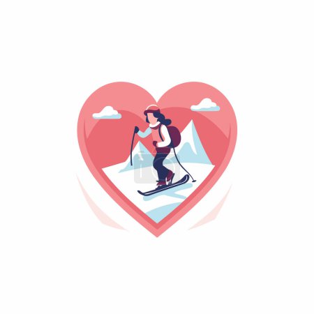 Illustration for Vector illustration of a man and a woman on skis in the shape of a heart. - Royalty Free Image