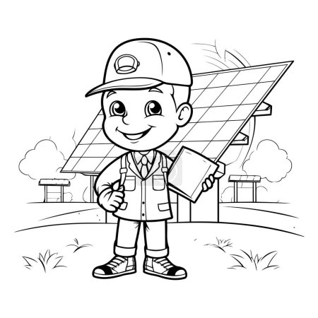 Téléchargez les illustrations : Dessin animé noir et blanc illustrant un enfant tenant un panneau solaire - en licence libre de droit