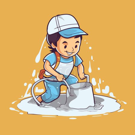 Illustration for Cartoon boy playing with a bucket of water. vector illustration. - Royalty Free Image