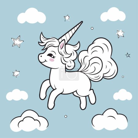 Ilustración de Lindo unicornio con nubes y estrellas. Ilustración vectorial dibujada a mano. - Imagen libre de derechos