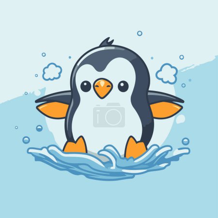 Téléchargez les illustrations : Mignon pingouin dessin animé nageant dans la mer. Illustration vectorielle. - en licence libre de droit