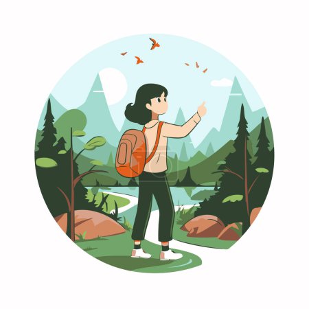 Ilustración de Mujer joven con mochila senderismo en la naturaleza. Ilustración vectorial en estilo plano. - Imagen libre de derechos