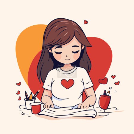 Illustration for Cute little girl drawing a heart. Vector illustration in cartoon style. - Royalty Free Image