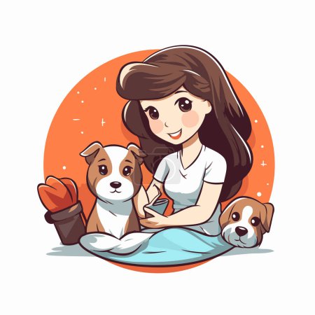 Téléchargez les illustrations : Jolie fille avec ses chiens. Illustration vectorielle dans le style dessin animé. - en licence libre de droit
