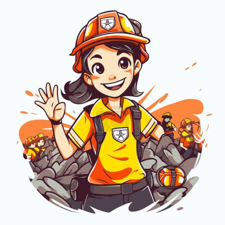 Téléchargez les illustrations : Fille pompier en uniforme et casque montrant geste correct. Illustration vectorielle. - en licence libre de droit