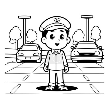 Téléchargez les illustrations : Policier avec voiture sur la rue dessin animé vectoriel illustration graphisme - en licence libre de droit
