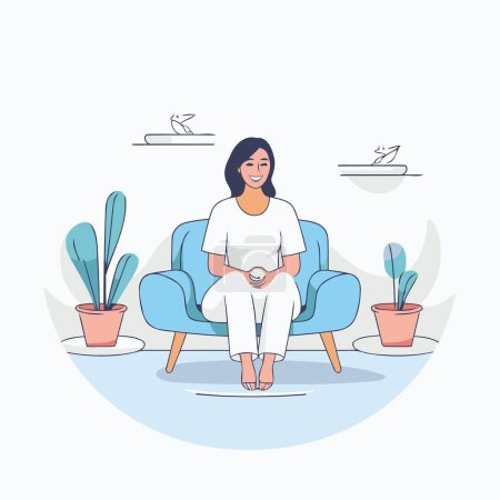 Illustration for Woman sitting in armchair at home. Vector illustration in flat style - Royalty Free Image