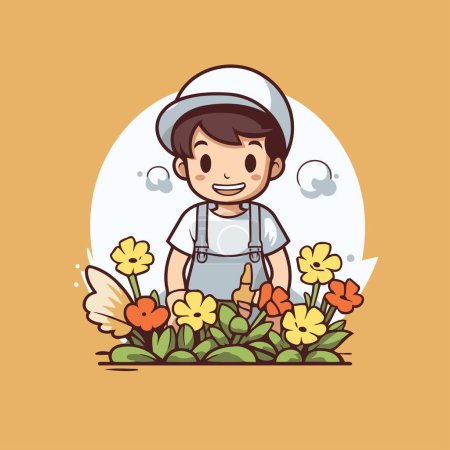 Ilustración de Lindo chico jardinero con flores dibujos animados vector ilustración eps 10 - Imagen libre de derechos