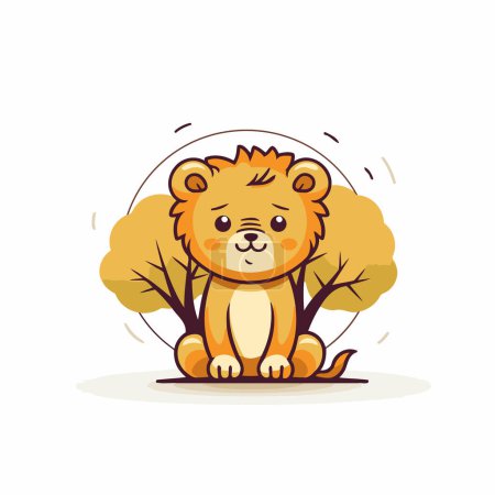 Ilustración de Lindo león de dibujos animados sentado en el suelo en el bosque. Ilustración vectorial. - Imagen libre de derechos