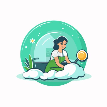 Téléchargez les illustrations : Jeune femme avec loupe assise dans la salle de bain. Illustration vectorielle - en licence libre de droit