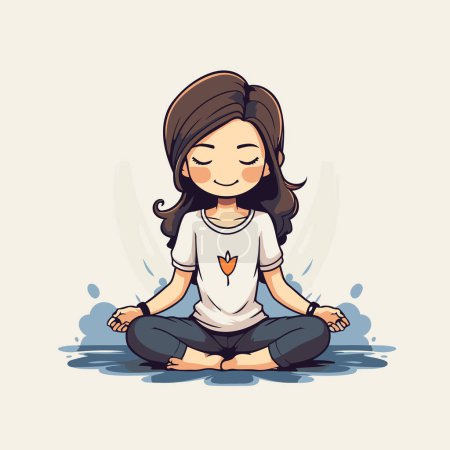 Ilustración de Ilustración vectorial de una joven meditando en posición de loto. - Imagen libre de derechos
