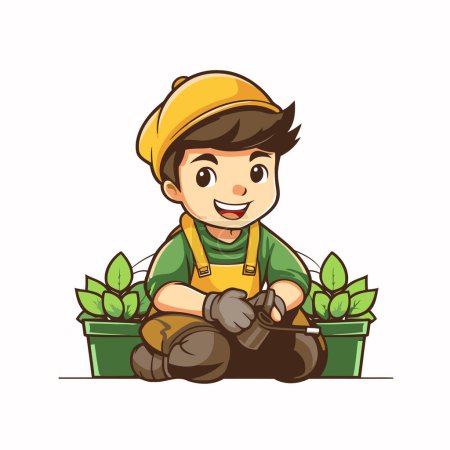 Téléchargez les illustrations : Dessin animé jardinier assis avec semis en pot. Illustration vectorielle. - en licence libre de droit