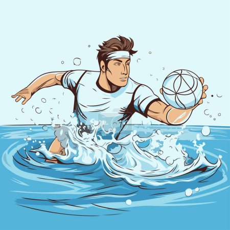 Illustration for Vector illustration of a man playing volleyball on the water. Cartoon style. - Royalty Free Image