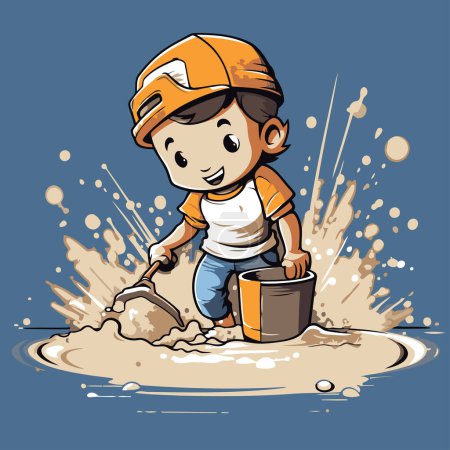 Téléchargez les illustrations : Cartoon boy jouant avec un seau de sable. Illustration vectorielle. - en licence libre de droit
