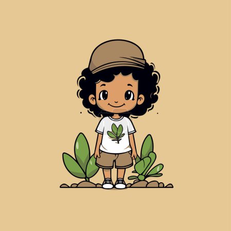 Illustration for Cute little african american girl with plant. Vector illustration - Royalty Free Image