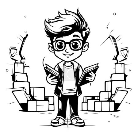 Téléchargez les illustrations : Illustration de bande dessinée en noir et blanc d'un enfant étudiant avec des livres à la main pour un livre à colorier - en licence libre de droit