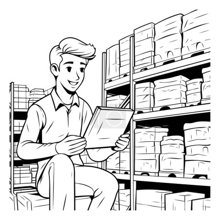 Téléchargez les illustrations : Un homme qui travaille dans un entrepôt. Illustration vectorielle noir et blanc pour livre à colorier. - en licence libre de droit