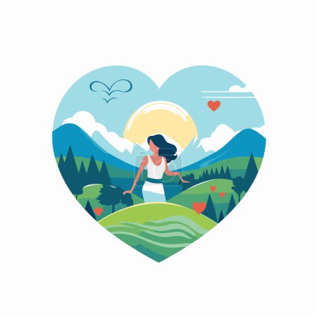 Téléchargez les illustrations : Illustration vectorielle d'une femme dans les montagnes en forme de cœur - en licence libre de droit
