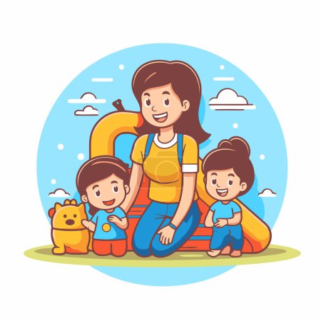 Téléchargez les illustrations : Mère avec des enfants en cercle gonflable. Illustration vectorielle dans le style dessin animé - en licence libre de droit