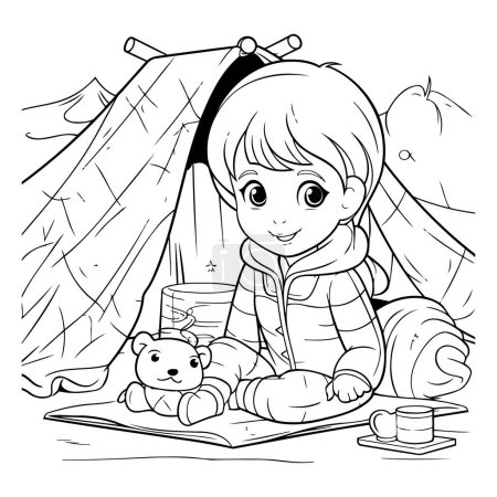 Ilustración de Lindo niño sentado en una tienda de campaña. leyendo un libro. Ilustración vectorial en blanco y negro para colorear libro. - Imagen libre de derechos