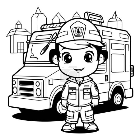 Ilustración de Ilustración de dibujos animados en blanco y negro de bombero con vehículo de ambulancia o motor de bomberos para colorear libro - Imagen libre de derechos