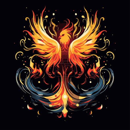 Téléchargez les illustrations : Illustration vectorielle d'un oiseau aux ailes et au feu sur fond noir - en licence libre de droit