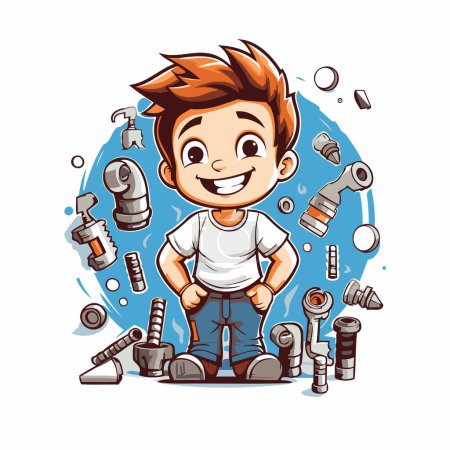 Illustration for Cute little boy with a set of spare parts. Vector illustration. - Royalty Free Image
