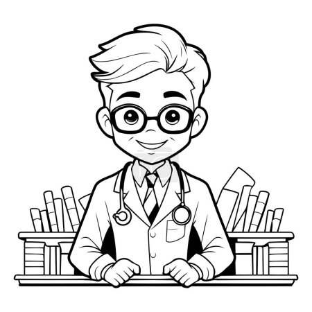 Téléchargez les illustrations : Docteur avec stéthoscope et livres dessin animé icône vectoriel illustration graphisme - en licence libre de droit