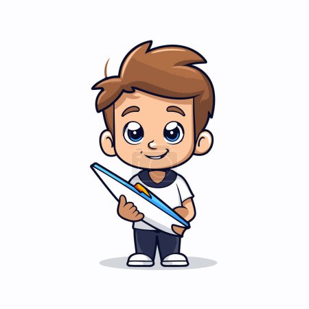 Illustration for Cute Boy Holding Paper Pencil - School Cartoon Vector Illustration - Royalty Free Image