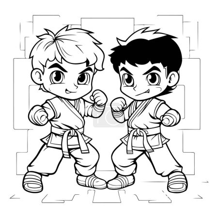 Illustration for Karate kids. black and white vector illustration for coloring book. - Royalty Free Image