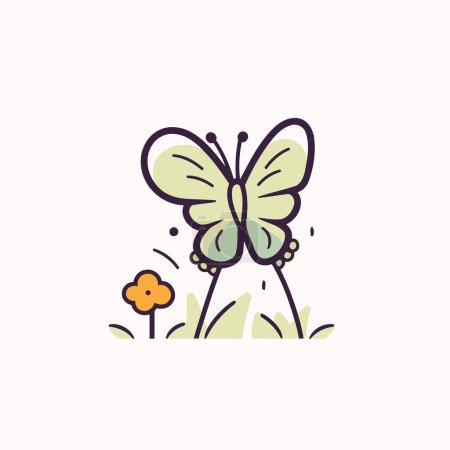 Ilustración de Mariposa y flor. Ilustración vectorial en estilo doodle. - Imagen libre de derechos
